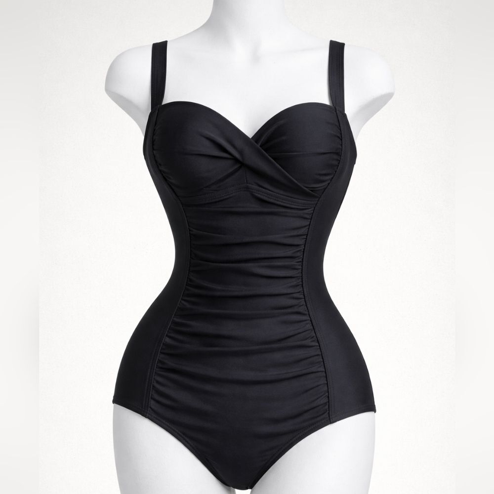 Merona Black Ruched One-Piece Swim Bodysuit with Molded Cups